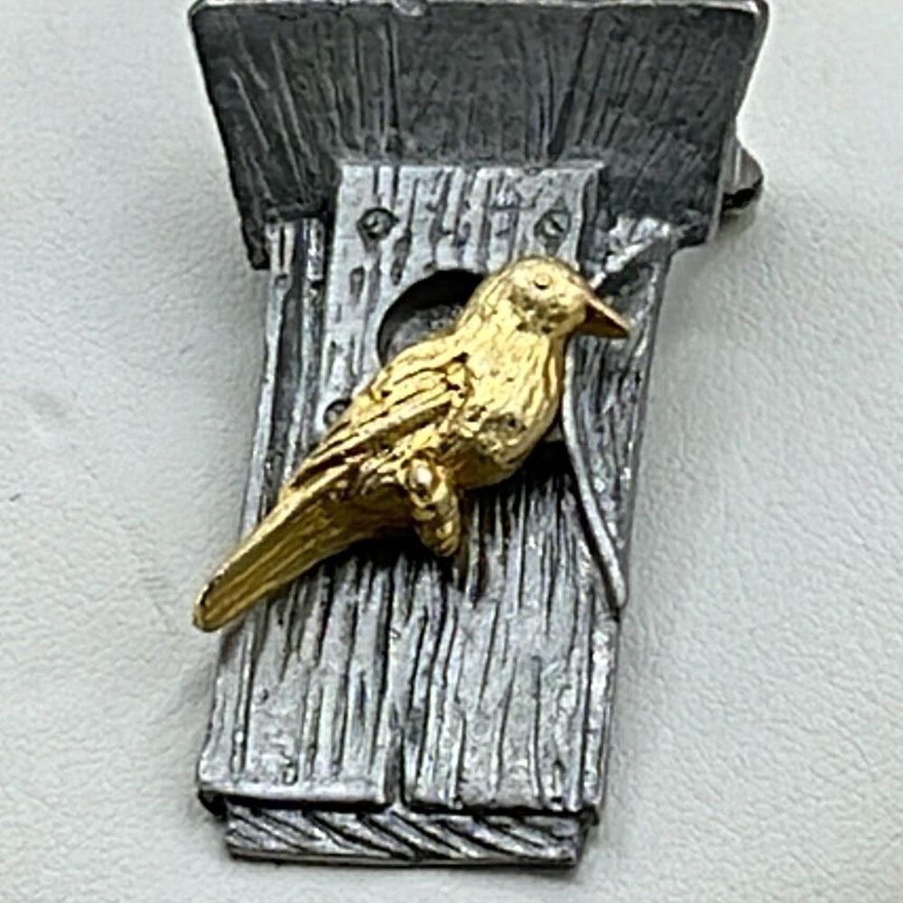 Vintage M.Bastin 1999 pewter birdhouse bird brooch.